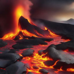 A visually striking image of a fiery landscape with intense flames and molten lava