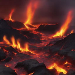 A visually striking image of a fiery landscape with intense flames and molten lava