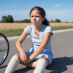 A teary-eyed young girl with a bandaged knee, sitting on the ground, with a bicycle fallen nearby under a bright sunny sky.