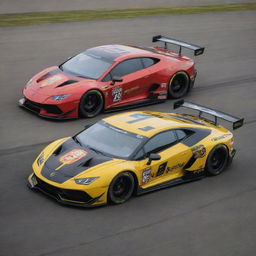 Lamborghini cars redesigned into NASCAR racing vehicles, with a sleek aerodynamic design, vibrant racing colors and logos, and equipped for high-speed track performance.