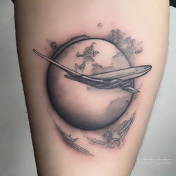 A tattoo design featuring an airplane flying over the planet Earth