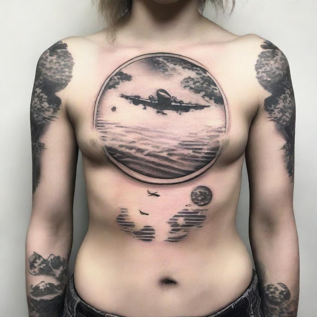 A tattoo design featuring an airplane flying over the planet Earth