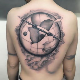 A tattoo design featuring an airplane flying over the planet Earth