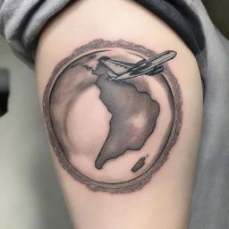 A tattoo design featuring an airplane flying over the planet Earth