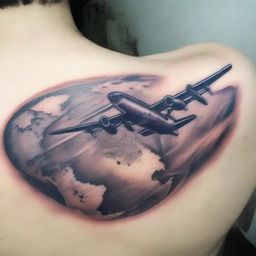 A detailed tattoo design featuring an airplane flying above the earth