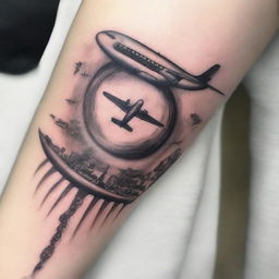 A detailed tattoo design featuring an airplane flying above the earth