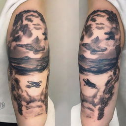A detailed tattoo design featuring an airplane flying above the earth