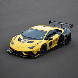 Lamborghini cars redesigned into NASCAR racing vehicles, with a sleek aerodynamic design, vibrant racing colors and logos, and equipped for high-speed track performance.