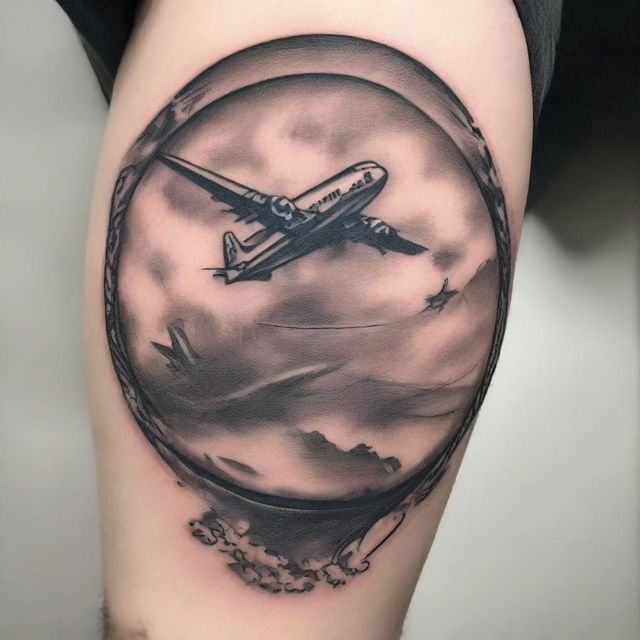 A detailed tattoo design featuring an airplane flying above the earth