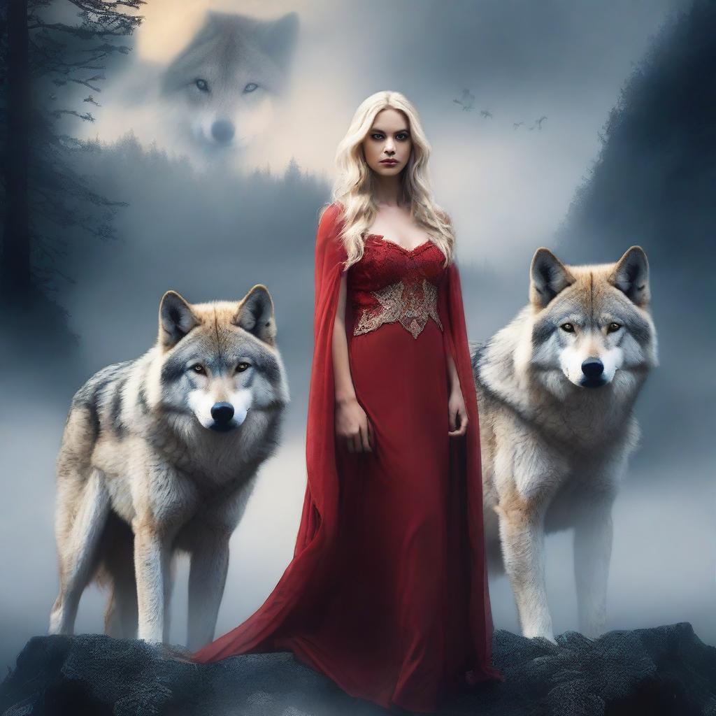 Create a 2:3 aspect ratio image of a beautiful young woman with loose blonde hair, dressed in a diaphanous red dress, standing between two majestic wolves in a misty mountainous environment