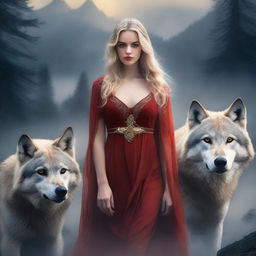 Create a 2:3 aspect ratio image of a beautiful young woman with loose blonde hair, dressed in a diaphanous red dress, standing between two majestic wolves in a misty mountainous environment