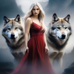 Create a 2:3 aspect ratio image of a beautiful young woman with loose blonde hair, dressed in a diaphanous red dress, standing between two majestic wolves in a misty mountainous environment