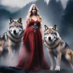 Create a 2:3 aspect ratio image of a beautiful young woman with loose blonde hair, dressed in a diaphanous red dress, standing between two majestic wolves in a misty mountainous environment