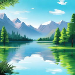 Create an image of a serene lake surrounded by lush greenery and mountains in the background