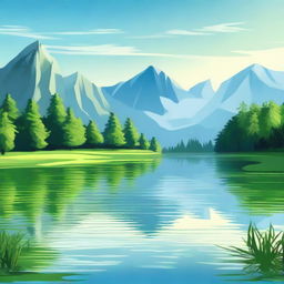 Create an image of a serene lake surrounded by lush greenery and mountains in the background