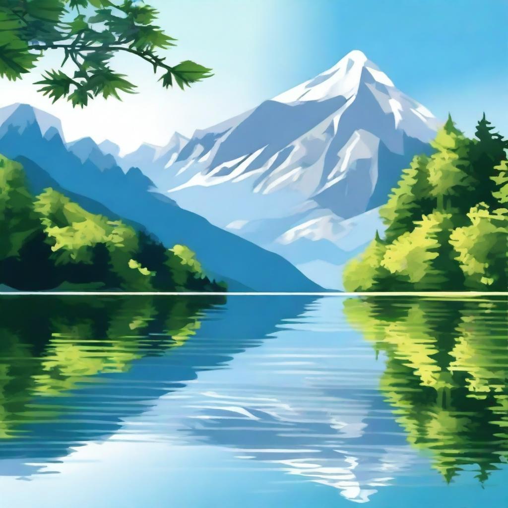 Create an image of a serene lake surrounded by lush greenery and mountains in the background