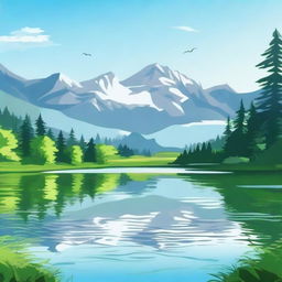 Create an image of a serene lake surrounded by lush greenery and mountains in the background