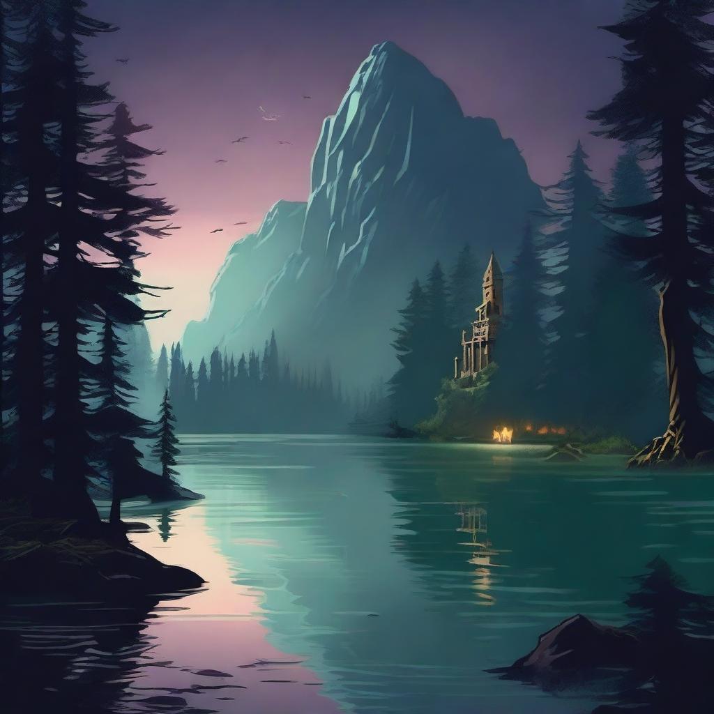 Create an image of a mystical lake in the style of Dungeons and Dragons