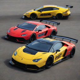 Lamborghini cars redesigned into NASCAR racing vehicles, with a sleek aerodynamic design, vibrant racing colors and logos, and equipped for high-speed track performance.