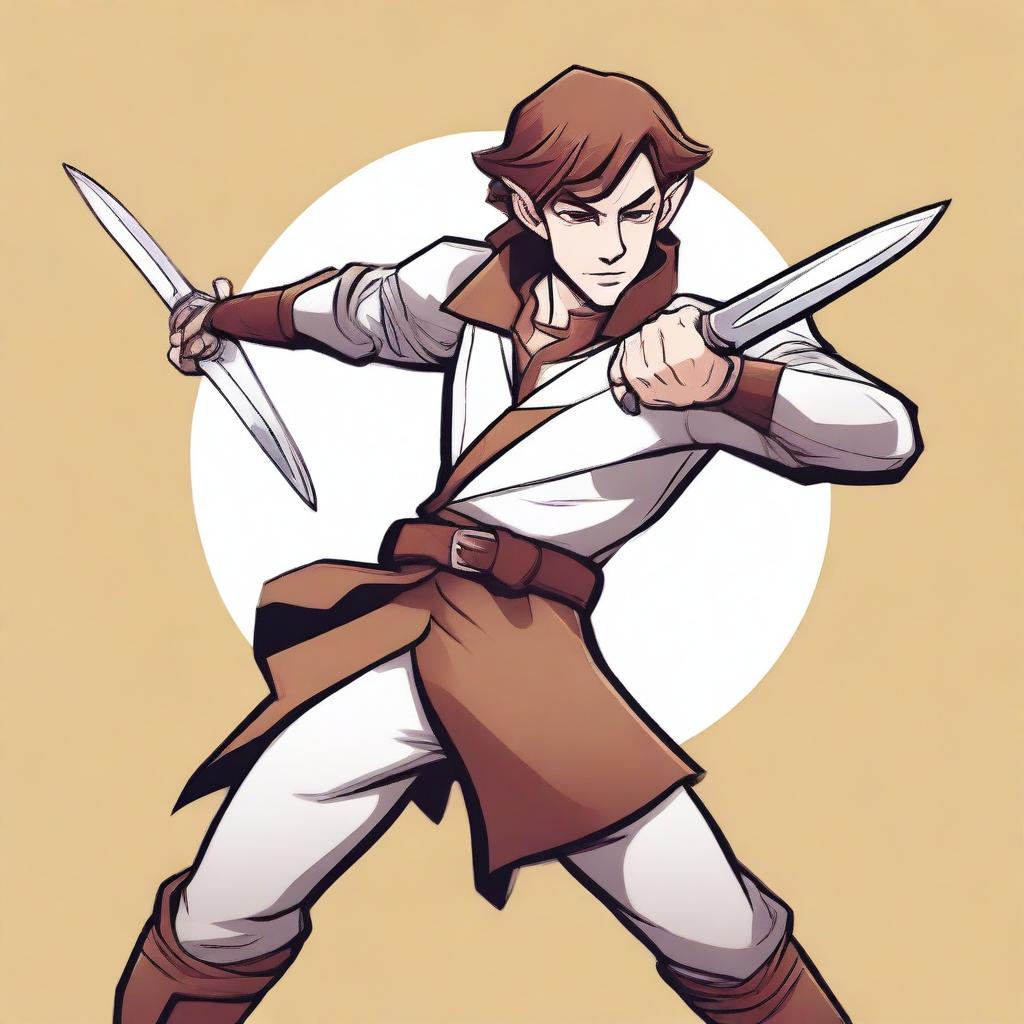 A cartoon style illustration of a male half-elf ranger spy with white skin, brown hair, and brown eyes