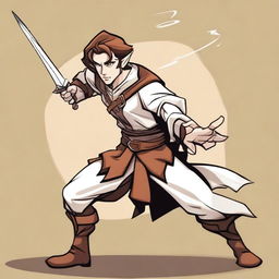 A cartoon style illustration of a male half-elf ranger spy with white skin, brown hair, and brown eyes