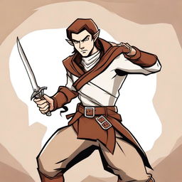 A cartoon style illustration of a male half-elf ranger spy with white skin, brown hair, and brown eyes