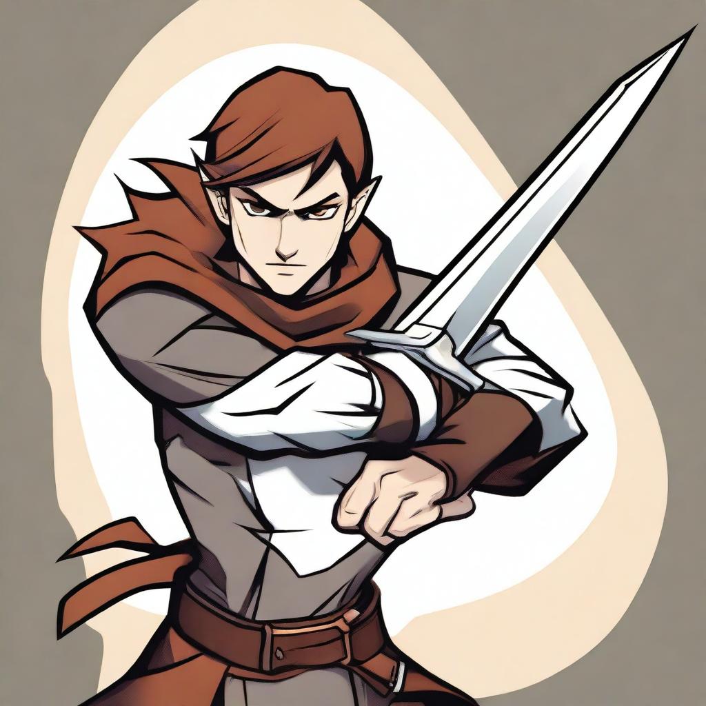 A cartoon style illustration of a male half-elf ranger spy with white skin, brown hair, and brown eyes