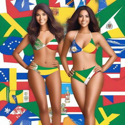 Generate images of women wearing swimsuits representing various Latin American countries