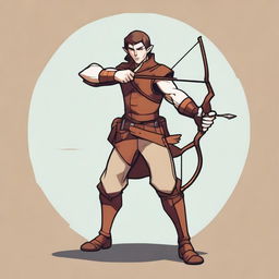 A cartoon style illustration of a male half-elf ranger spy with white skin, brown hair, and brown eyes in a fighting stance