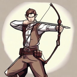 A cartoon style illustration of a male half-elf ranger spy with white skin, brown hair, and brown eyes in a fighting stance