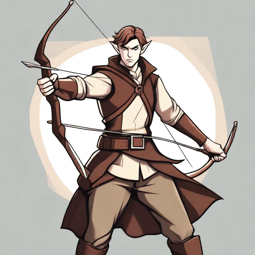 A cartoon style illustration of a male half-elf ranger spy with white skin, brown hair, and brown eyes in a fighting stance