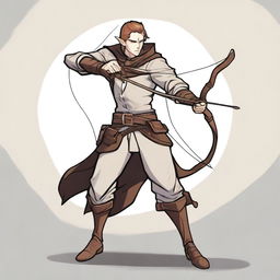 A cartoon style illustration of a male half-elf ranger spy with white skin, brown hair, and brown eyes in a fighting stance