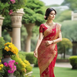 A beautiful woman wearing a traditional Indian saree, standing gracefully in a serene garden