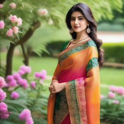 A beautiful woman wearing a traditional Indian saree, standing gracefully in a serene garden