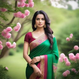 A beautiful woman wearing a traditional Indian saree, standing gracefully in a serene garden