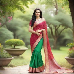 A beautiful woman wearing a traditional Indian saree, standing gracefully in a serene garden