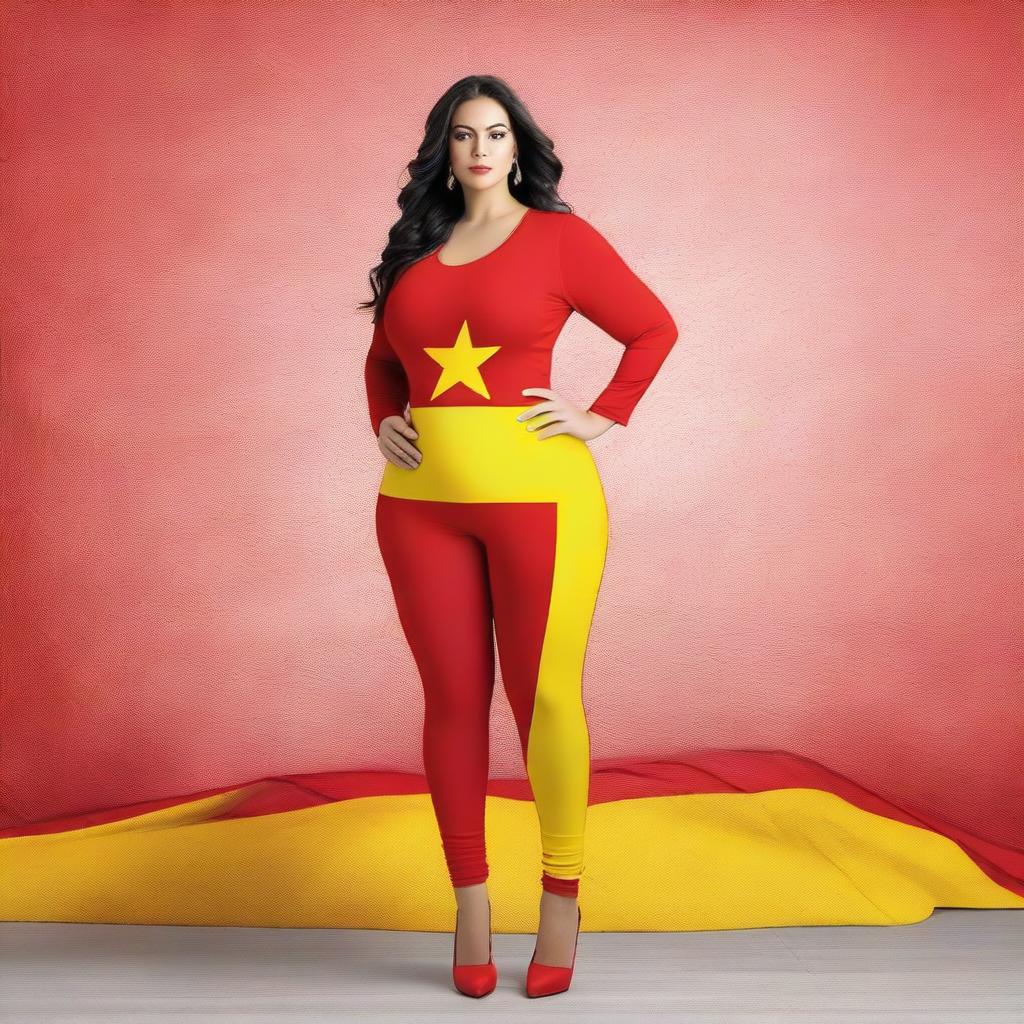 Create an image featuring a curvy model wearing an outfit in the colors of the Spanish flag