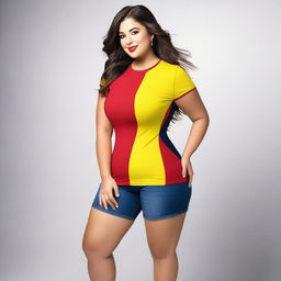 Create an image featuring a curvy model wearing an outfit in the colors of the Spanish flag