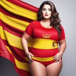 Create an image featuring a curvy model wearing an outfit in the colors of the Spanish flag