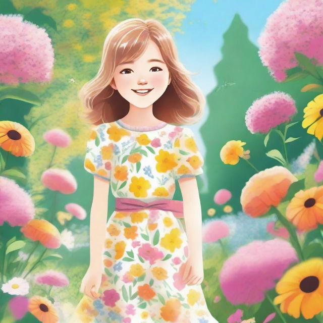 A detailed illustration of a young girl with a cheerful expression, standing in a beautiful garden filled with colorful flowers