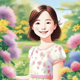 A detailed illustration of a young girl with a cheerful expression, standing in a beautiful garden filled with colorful flowers