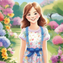 A detailed illustration of a young girl with a cheerful expression, standing in a beautiful garden filled with colorful flowers