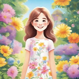 A detailed illustration of a young girl with a cheerful expression, standing in a beautiful garden filled with colorful flowers