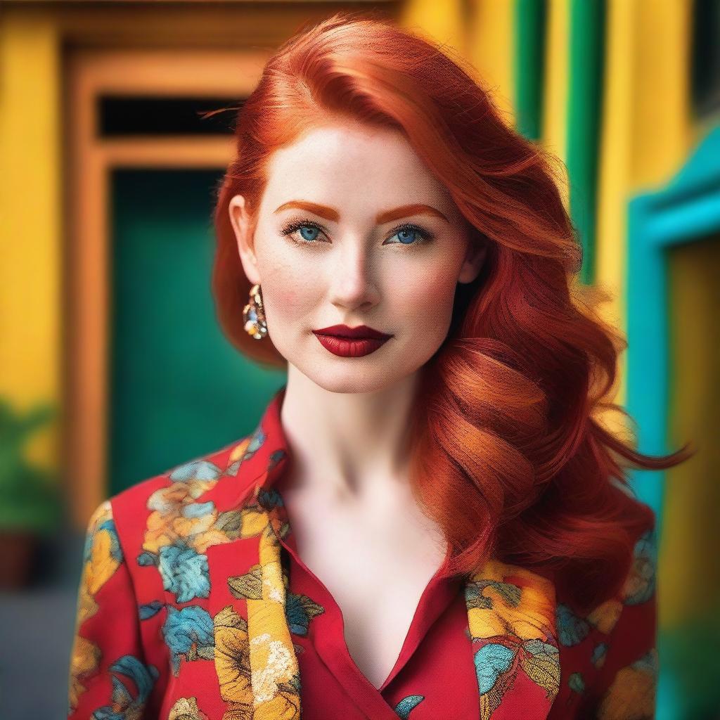 A beautiful red-haired woman with striking features, wearing a stylish outfit and posing confidently