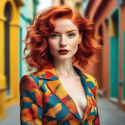 A beautiful red-haired woman with striking features, wearing a stylish outfit and posing confidently