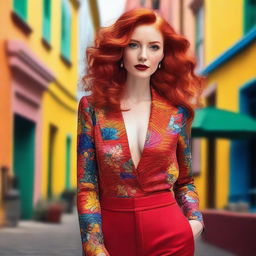 A beautiful red-haired woman with striking features, wearing a stylish outfit and posing confidently