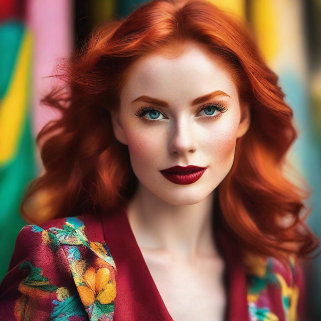 A beautiful red-haired woman with striking features, wearing a stylish outfit and posing confidently