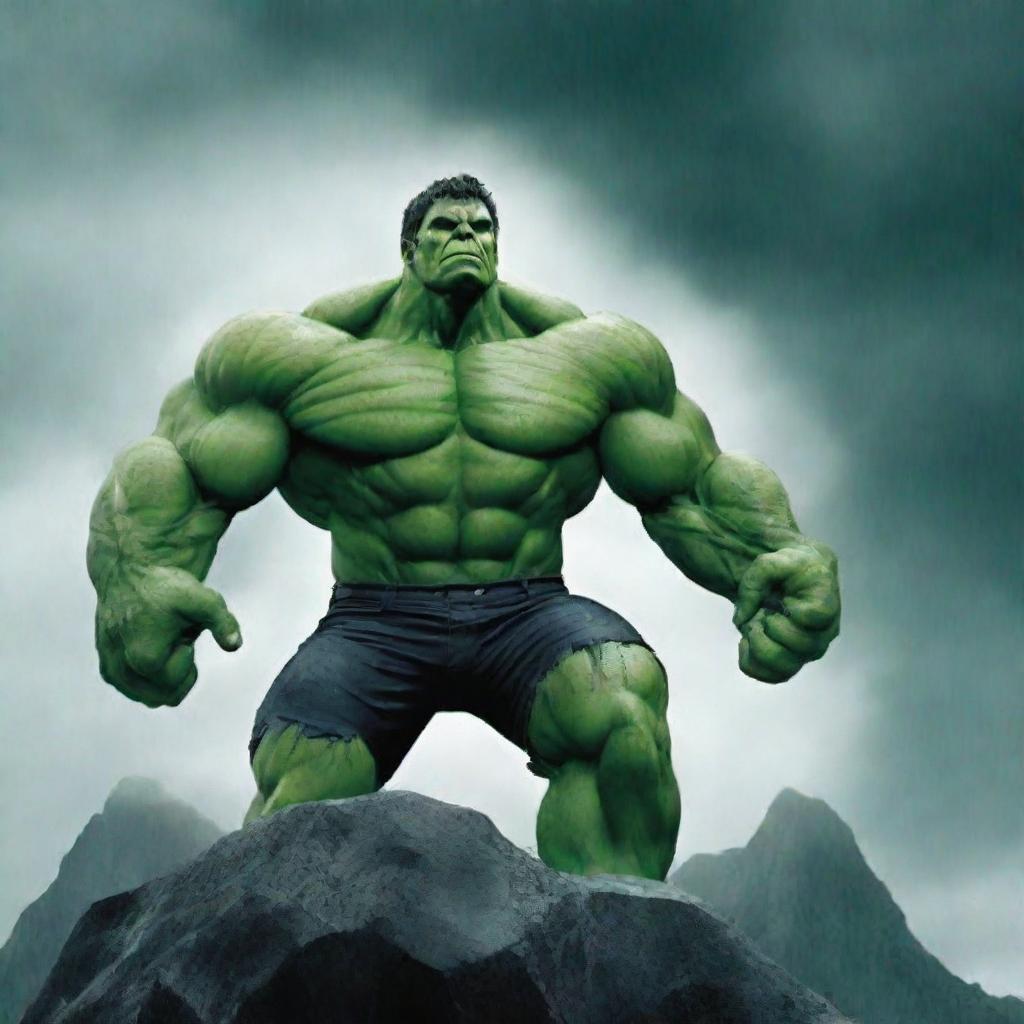 Create an image of the Hulk standing in the rain and in the dark, on the peak of a tall mountain