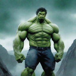 Create an image of the Hulk standing in the rain and in the dark, on the peak of a tall mountain