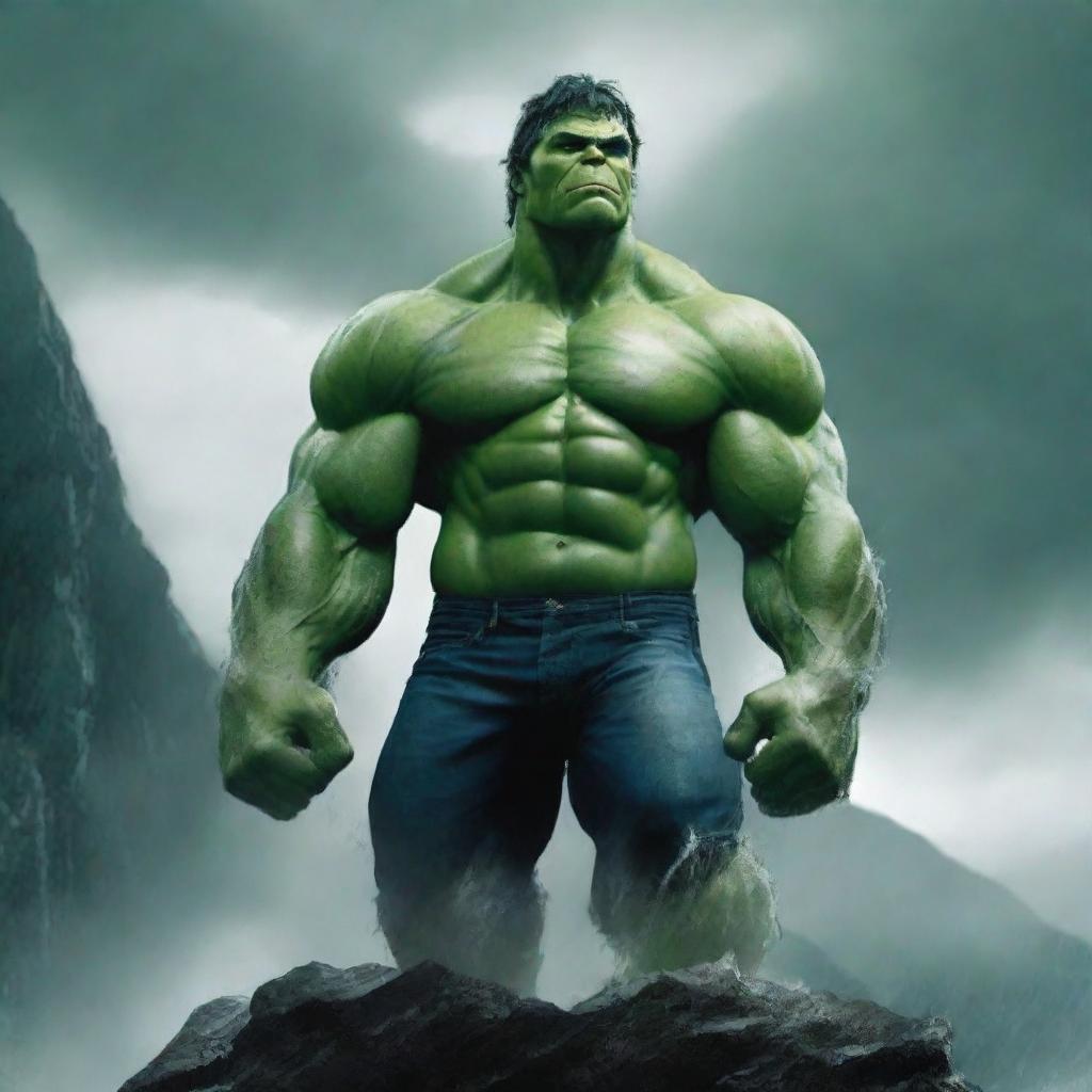 Create an image of the Hulk standing in the rain and in the dark, on the peak of a tall mountain